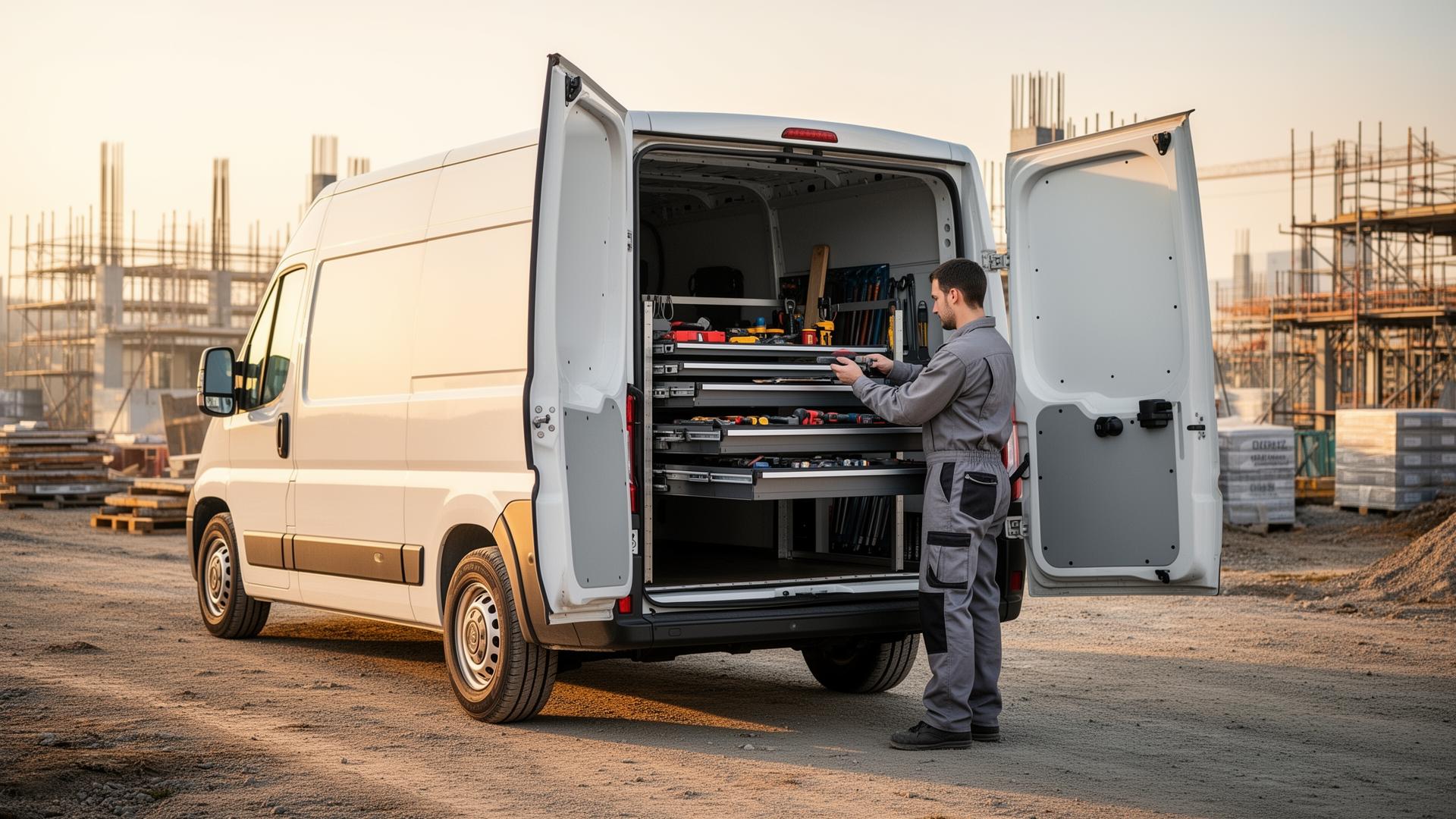Handwerker belädt Transporter mit Werkzeug auf einer Baustelle